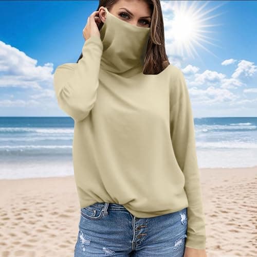 Slxbear Rash Guard for Women with Face Mask, Outdoor UPF Sun Protection Shirts, Breathable Long Sleeve Shirt Hiking Workout Tops, Active Athletic Comfy Skinny Travel Clothing Beige M — view 2