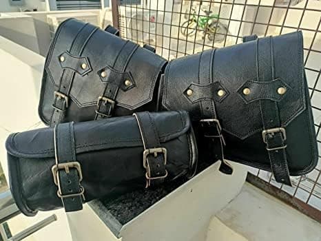 HANDBUCKS Saddle Bag Real Vintage Leather 2 Side Bag & 1 Tool Pouch || Motorcycle Swing Arm Panniers (Black), PS-09 — view 5