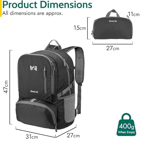 Trail Foldable Backpack, Lightweight Packable Rucksack, 30L, Black — view 6