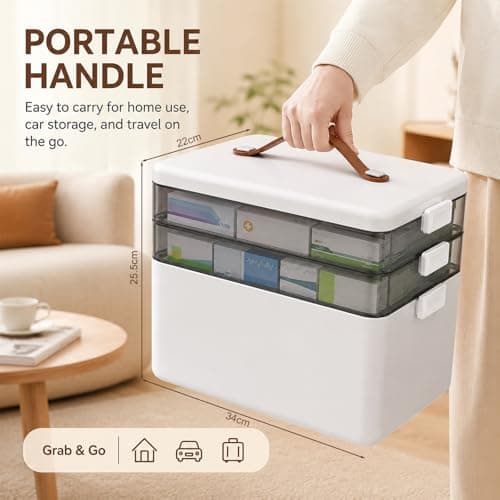 Refein Large Medicine Storage Box 3 Tier with Lock - First Aid Box Organiser for Home Car Travel, Portable Medication Storage Container with Handle & Secure Lid — view 3