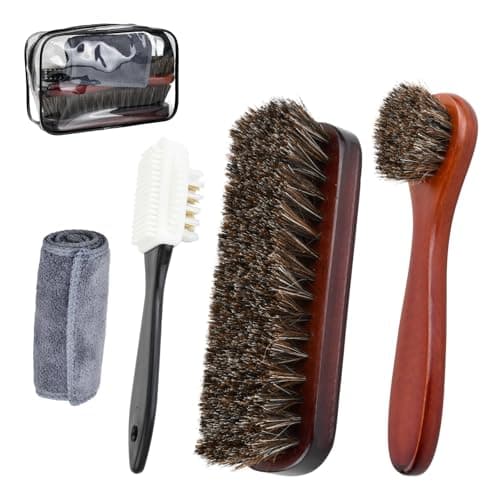 Focenat 5 Piece Shoe Brush Set, Horsehair Brush for Shoe Shine Polish Buff, Leather Cleaning Kit with Dauber Applicator and Microfiber Cloth, Wooden Handle for Boots Bags, Portable Carry Bag
