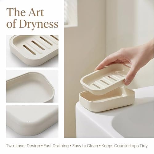 2PCS Soap Dish, Soap Dish for Shower, Double Soap Dish with Drainage, Anti-Slip and PortableSoap Holder for Bathroom, Kitchen Sponges, Keep Soap Dry and Clean(White & Khaki) — view 4