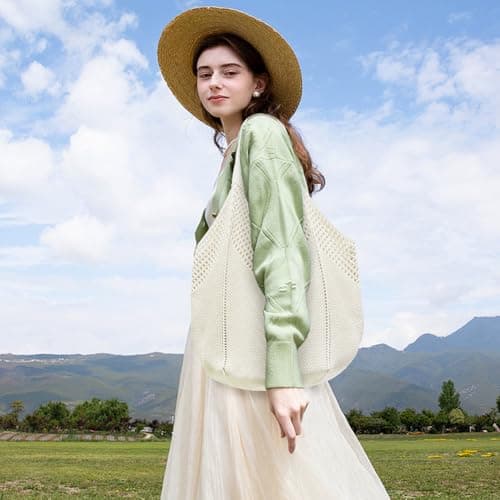 Aucuu Women Knitted Handbags, Retro Hollow Woven Shoulder Bags, Boho Shoulder Bag, Crochet Mesh Tote Bag, Beach Bag for Women, Travel Shopping Handbag for Holiday, Daily Work, Shopping, Travel-White — view 2