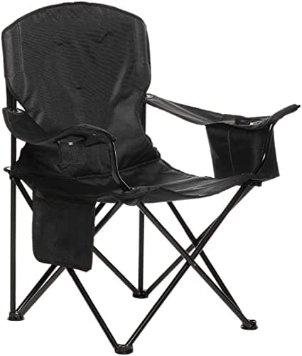 Amazon Basics Comfortable, Heavy Duty, Portable Camping Chair with 4-Can Cooler, Side Pocket, Cup Holder, and Carry Bag, Collapsible for Camping, Fishing, Beach, and Backpacking, XL, Padded, Black