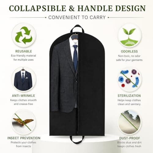 Yelinosk 2 PCS Black Suit Bag for Man 60x120cm, Dust Cover, Carrier, Storage Bag for Coats, Tuxedo - Reusable Full Zipper Garment Bag for Travel or Home — view 5