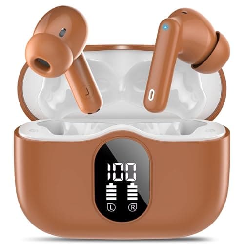 Wireless Earbuds, Bluetooth 5.4 Headphones In Ear with 4 ENC Mic, 2026 Wireless Earphones Noise Cancelling Deep Bass, LED Display, Bluetooth Earbuds 36H Playtime, IP7 Waterproof Ear buds, USB-C Brown