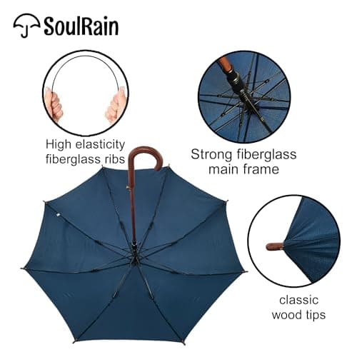 SoulRain 48" Large Umbrella–Golf Windproof Strong Stick Umbrellas,Wind Resistant Umbrella for Rain,Durable Travel&Rainproof Vintage Cane with Classic Wooden Handle for Mens & Women(Navy) — view 6