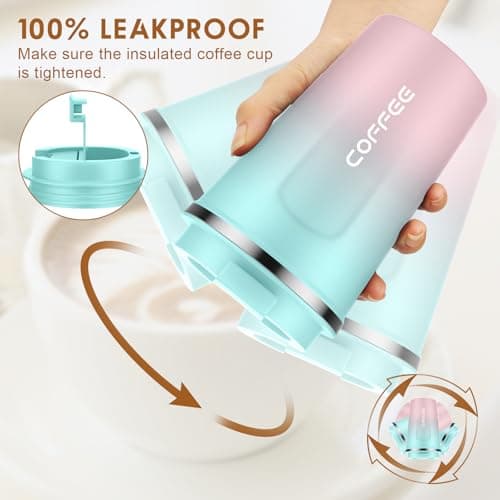 MOMSIV Coffee Cup, 380ml Vacuum Reusable Leakproof Double Wall Coffee Cup, Insulation Stainless Steel Eco-Friendly Travel Office Mug for Hot Coffee Tea and Cold Drinks, Green-Pink — view 6