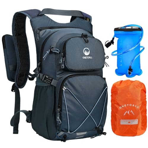 ONETOALL Hydration Backpack with 2L Water Bladder, 22L Waterproof Hiking Backpack with Rain Cover, Insulated Compartment for Running, Cycling, Walking, Camping & Skiing, Dark Blue