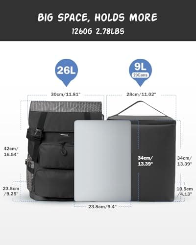 Odoland 2in1 Large Capacity Insulated Cooler Backpack - 26L Storage + 9L Insulated Cooler (20 Cans), 10H Cold Retention, Breathable Comfort, Leak-Proof, for Beach, Picnic, Work, Travel — view 3