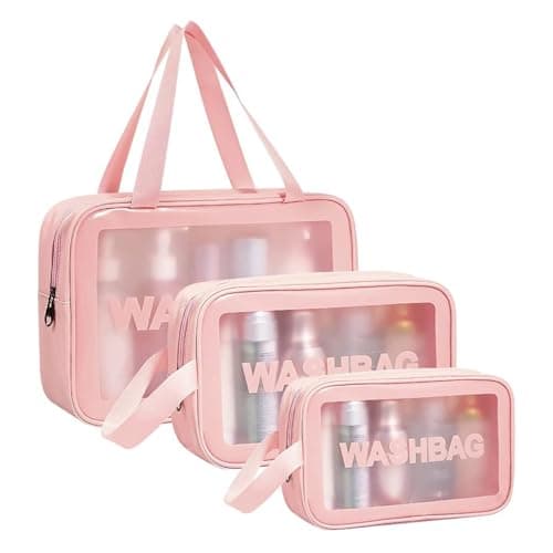 Aucuu 3PCS Clear Toiletry Bag, Wash Bag, Clear PU Makeup Bags, Waterproof Toiletry Travel Bags with Zipper Handle, Portable Airport Cosmetic B-ag for Travel Bathroom Men Women (Pink)