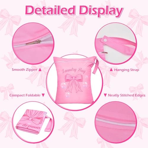 2PC Travel Laundry Bags, 55X45CM Large Waterproof Laundry Bags with Side Handles & Zippers, Dirty Clothes Organiser for Travel & Home Use (Pink Bows on Pink Background) — view 4