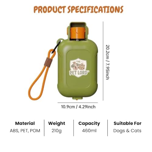 The Pet Lord 2-in-1 Dog Water Bottle & Built-In Feeding Bowls | 460ml Portable Dog Water Bottle with Separate Water & Food Feeding Areas | Food Grade | Dog Walking & Travel Accessories | Green — view 3