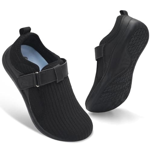 Barefoot Walking Shoes for Women Wide Toe Box Casual Trainers Adjustable Strap Breathable Women's Diabetic Shoes Black 8 UK