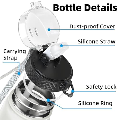 OLDLEY Stainless Steel Water Bottle with Straw 1L Vaccum Insulated Large Drink Flask Metal Water Bottles 1 Litre Leakproof Keep Drinks Hot Cold for Bike Sports Gym Adult Women Men(Cream, 1 Lid) — view 2