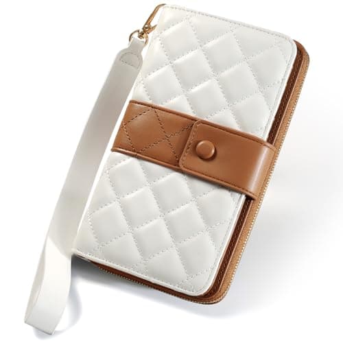 TiMOVO RFID Leather Wallet with Wrist Strap for Women, Beige + Brown