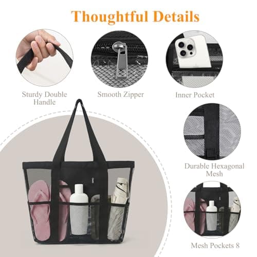 flintronic Women's Mesh Beach Bag, Large Tote Bag, Lightweight Pool Bag with 8 Pockets, Foldable Travel Bag for Swimming, Picnic, Gym, Shopping and Daily Use (44×34×12cm) — view 5