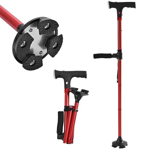 TJC Folding Cane Walking Stick with LED Light & SOS Alarm - Lightweight, Adjustable & Portable with Balancing Quad Base - Mobility Aid for Elderly with Dual Handle & Strap for Carrying - Red