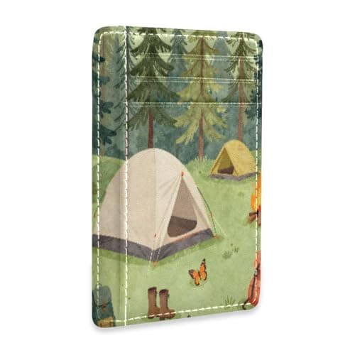 xigua Slim Wallet Front Pocket Leather RFID Blocking Credit Card Holder Camping-Tents-Forest-Illustration-Nature-Tree Minimalist Wallets