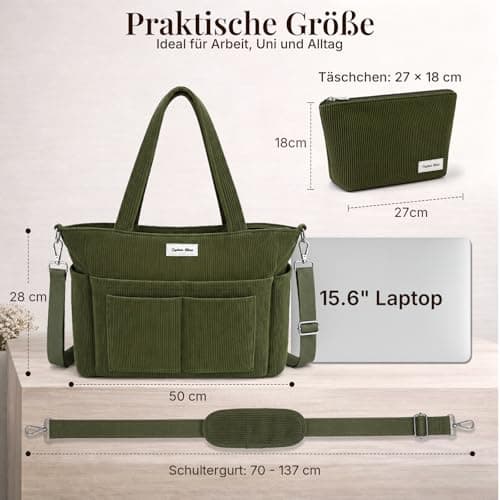 Captain Blues Corduroy Tote Bag for Women with Zip, Large Capacity Work Bag with 14 Pockets & Compartments, Adjustable Shoulder Strap, Ideal for School, Travel, College & Teachers (Green) — view 3