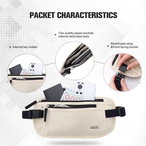 paissit Unisex Money Belt for Men and Women, Slim Passport Holder RFID Blocking Travel Pouch with Adjustable Strap Small Waist Pouch for Workout Running Travelling Hiking, Cream White, M — view 4