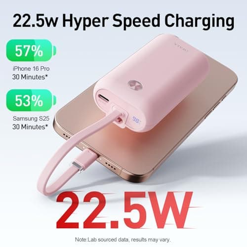 iWALK Power Bank Fast Charging 10,000mAh, 22.5W USB-C Portable Charger With Built-in Cable,Travel Essential Ultra-Small Battery Pack Compatible for iPhone 17/16 Pro/15, Samsung, Google, Pink — view 4