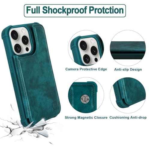VANAVAGY Fit Car Mount Wallet Case for iPhone 15 Pro Max,Midnight Green — view 3