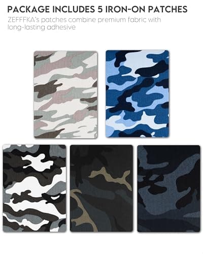 ZEFFFKA Camouflage Iron-On Patches Military Style Fabric Repair Kit Durable Adhesive 100% Cotton 5 Pieces Size 5” x 7” (13 cm x 18 cm) — view 2