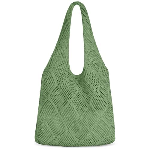 Aucuu Women Knitted Handbags, Retro Hollow Woven Shoulder Bags, Boho Shoulder Bag, Crochet Mesh Tote Bag, Beach Bag for Women, Travel Shopping Handbag for Holiday, Daily Work, Shopping, Travel-Green