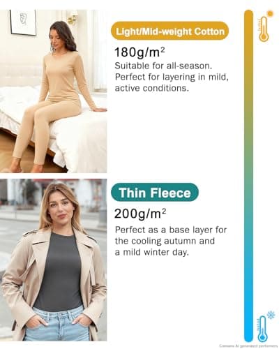 wirarpa Women's Thermal Underwear Set Cotton Base Layer Top & Bottoms M — view 4