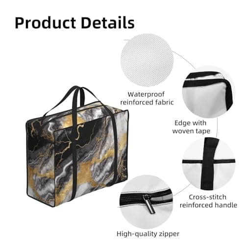 Heavy Duty Storage Tote With Zippers, Waterproof Large Moving Bags For Space Saving Black White Gold Foil Marble Storage Bags For Clothes, Bedding, Laundry & Home Organization — view 4