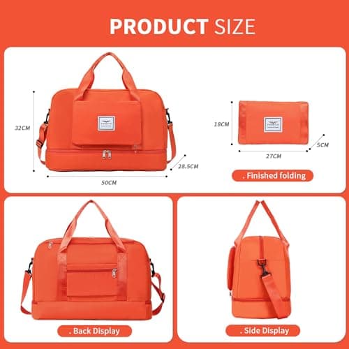 FIORETTO Womens Foldable Weekend Bag Overnight Hospital Bag with Shoes Compartment & Wet Pocket, Water Resistant Gym Bag Duffle Bag Travel Bag Holdall for Women Men Orange — view 2