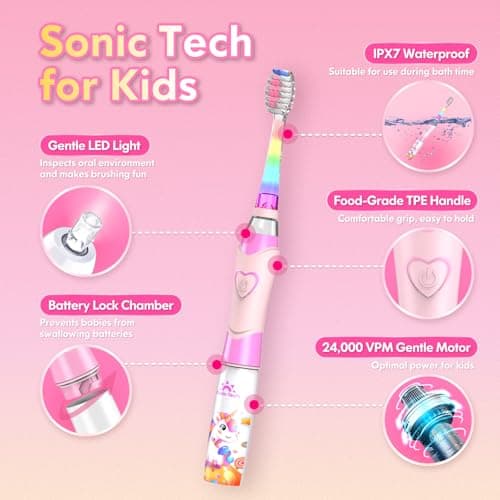 Kids Electric Toothbrush 3-5-6-12, Toddler Toothbrush Girls Electric Toothbrush with Timer Rainbow LED Light Up Sonic Battery Powered Junior Childrens Tooth Brush (Unicorn Pink) — view 4