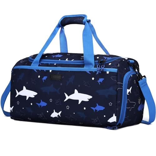 Overnight Bag for Kids, VASCHY Large Capacity Travel Duffle Bag for Boys Lightweight Holdall Gym Bag Weekender Bag with Shoes and Seperated Dry Wet Compartment for School, Dance, Sport（Blue Sharks）