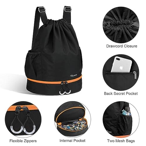 RYACO Drawstring Backpack Sports Gym Bag, Water Resistant String Sackpack Large Size with Zipper and Water Bottle Mesh Pockets for Gym Shopping Sport Yoga School Swimming Beach (Black & Orange) — view 2
