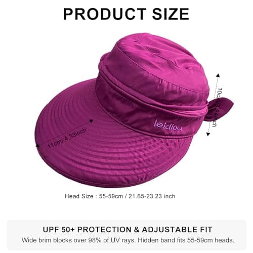 ADUDVLO Sun Hats for Women UK, Stylish UPF 50+ 2-in-1 Detachable Top & Adjustable Visor, Foldable Packable Wide Brim Beach Hat for Travel & Outdoor (Purple Red) — view 2