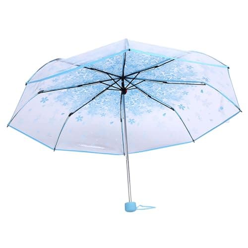 Tiiyee Clear Folding Umbrella, Cherry Blossom Floral for Travel Rain (Blue) — view 4