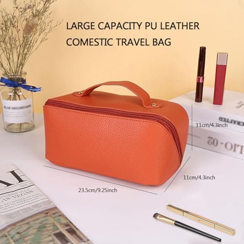 MAMUNU Large Capacity Cosmetic Travel Makeup Storage Bag with Handle Portable Zipper Cosmetic Toiletry Makeup Bag Large with Compartments for Women Girls (Orange) — view 6