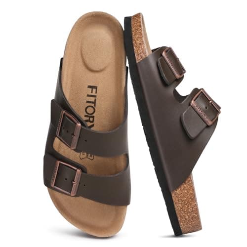 FITORY Mens Leather Sandals, Cork Footbed Slides for Summer Mocha Size 6.5