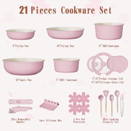Umite Chef Pots and Pans Set Non Stick, 21 pcs Nonstick Ceramic Cookware Set, RV Kitchen Cooking Set with Detachable Handles, Oven Safe, Induction Cookware, Stackable, Pink, PFAS PFOA & PTFE Free — view 2