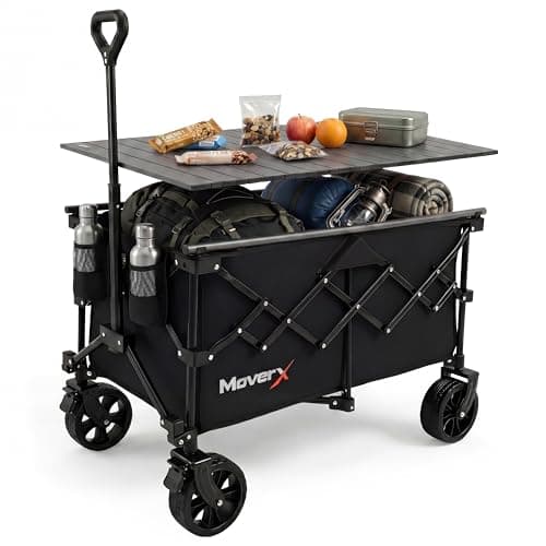 MoverX 120L Camping Trolley on Wheels, Table Folding Wagon, Portable Camping Cart, Foldable Trolly for Festival Beach Outdoor Garden Picnic Shopping Fishing, Wide Wheels, Adjustable Handle, Black