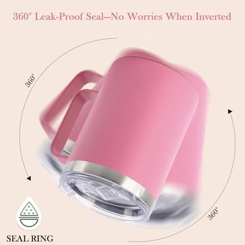 YueXing 16oz Black Insulated Coffee Mug with Handle, Leakproof Double Wall Stainless Steel Travel Mug with Sliding & Straw Lid, Dishwasher Safe for Camping Commuting Hot Cold Drinks (Pink) — view 5
