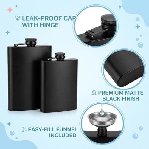 2 Pack Stainless Steel Flasks for Outdoor Activities, Includes 8 Ounce and 12 Ounce Black Flasks Hip Flasks, Portable Drinking Containers for Camping and Hiking — view 6
