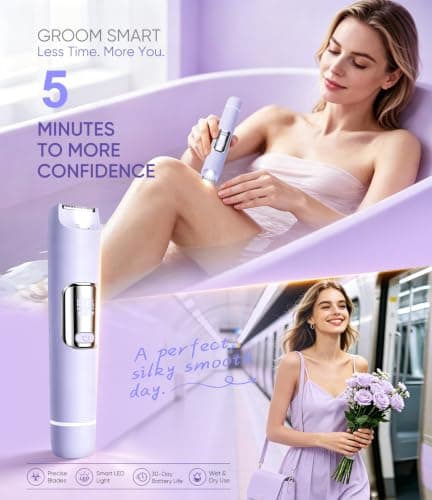 Bikini Trimmer Women 2-in-1 Facial Hair Remover for Women, USB-C Electric Lady Shaver with Digital Display, Dual Head Women Shaver with Smart Light for Pubic, Bikini, Underarm, Travel Lock, Lavender — view 2