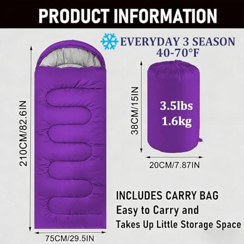 Sleeping Bags for Adults & Kids Sleeping Bag for 3-4 Season, Adult Blanket, Ultralight Carry Bag, Lightweight Compact, Soft for Outdoor Camping, Travel, Hiking (Purple Plush Comfort 0-18°C) — view 2