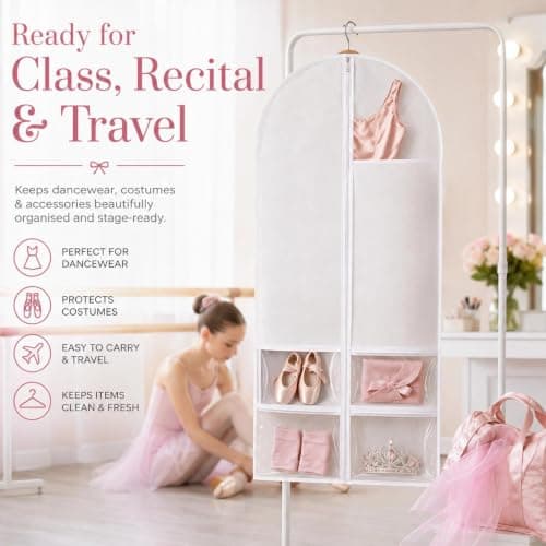 2 Pcs Dance Costume Bag, 60×120cm Foldable Dress Bag with Zipper Pockets, Clothes Covers Protector Bags, Waterproof Garment Bags for Hanging Clothes, Travel Suit Cover for Dancers Competitions, White — view 5