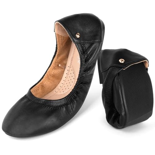 OFFCUP Roll up Shoes, Black Leather Ballet Flats, Portable Round Toe Slip On Dolly Shoes, Ballet Pumps for Women Ladies for Weddings and Parties Work Office Formal (UK 5)