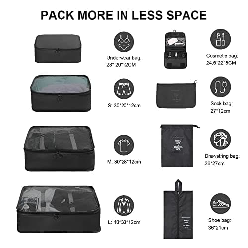 OSDUE Packing Cubes for Suitcases, 8 PCS Travel Luggage Packing Organizers Waterproof Travel Essentials Bag Accessories, Clothes Shoes Cosmetics Toiletries Storage Bags, Black — view 2
