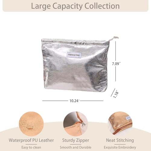 Dtweista Glittler Cosmetic Bag for Women Large Capacity PU Make Up Clutch Bag Travel Silver Toiletry Pouch Organizer, Gold, 9.44x7.08x1.18-inch, Modern Metallic — view 2