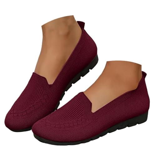 Boat Shoes Women Wide Fit Knitted Mesh Slip-On Flats Solid Color Breathable Low-Cut Casual Loafers with Soft Non-Slip Soles Lightweight Comfortable Walking Shoes for Everyday Wear Office Travel Red